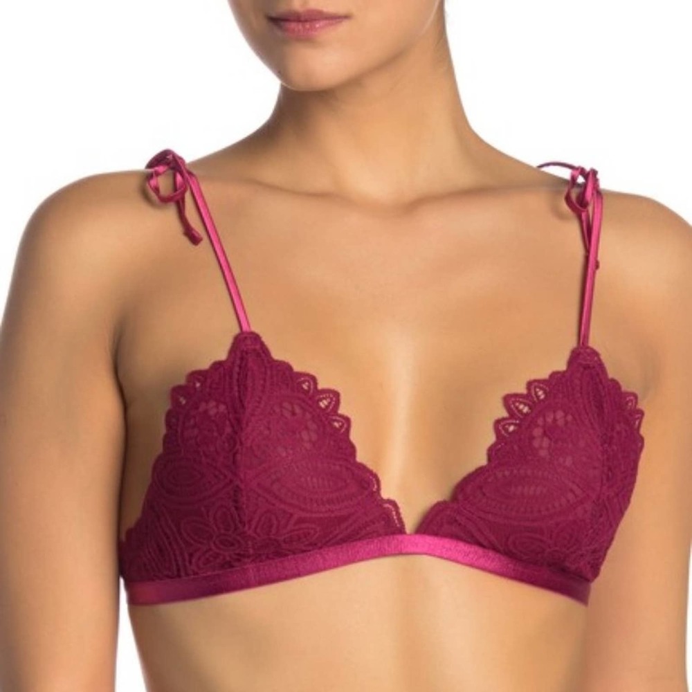 NEW! FP INTIMATELY pink mila bralette lace bra lacy floral plunge bralet yoga​ S